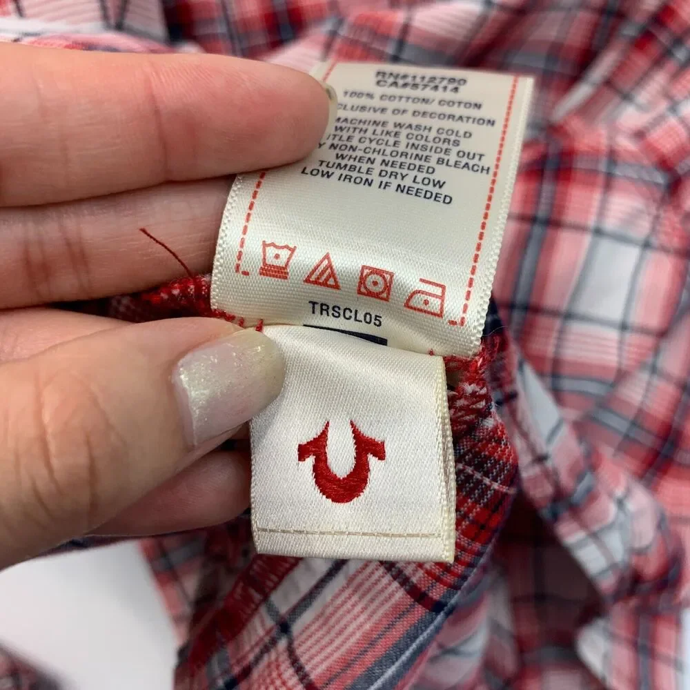 True Religion Western Shirt Mens 3XL XXXL Red Navy Plaid Pocket Snap Button Up